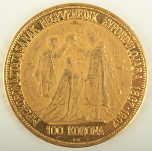 Zlatá mince: Stokoruna 40. výročí korunovace Františka Josefa I. 1907