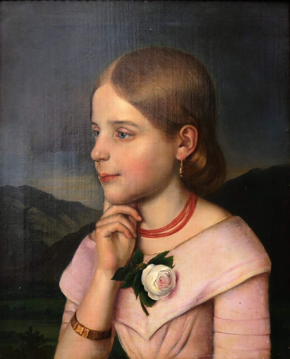 Biedermeierový portrét dívky s růží
