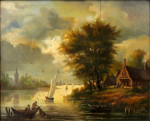 F. G. Schütz - Holandská krajina s řekou a plachetnicí