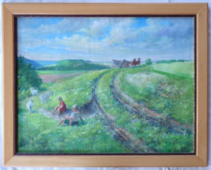 Karel Rampl (1897 - 1967) | Pasáčci koz a koňský povoz v krajině za slunečného dne
