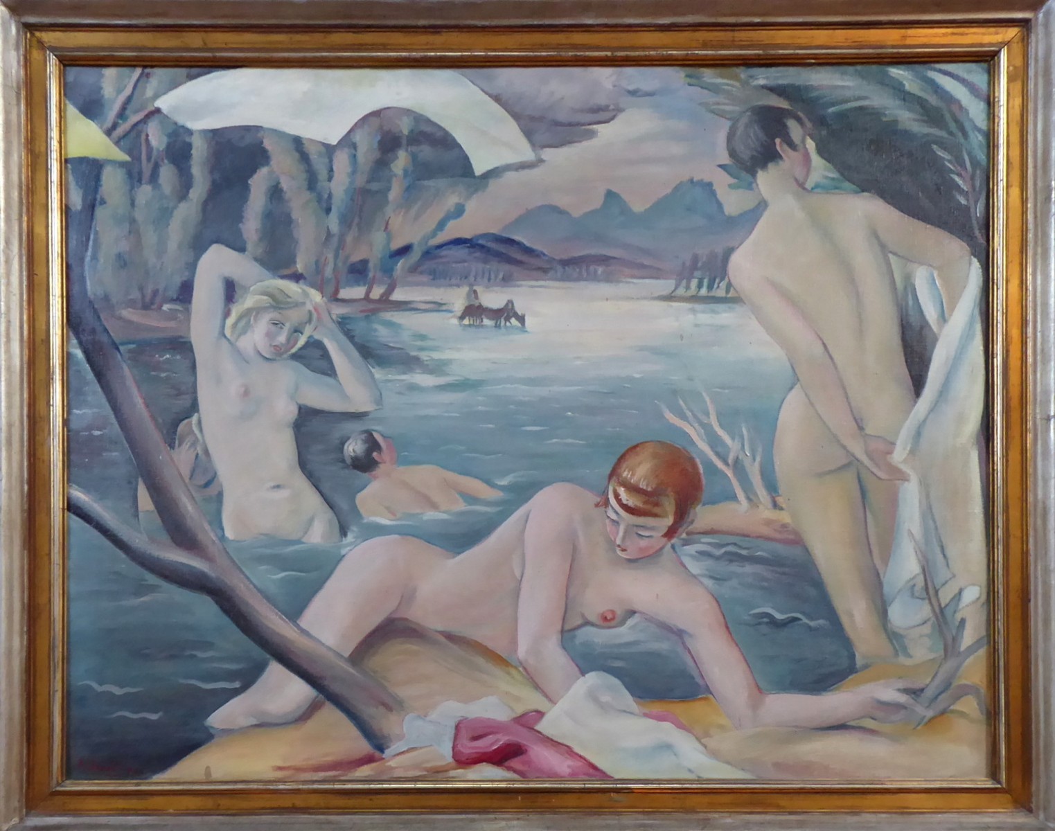 Josef Jaroš (11. 3. 1909 - ?) - oboustranně malovaný velký obraz: Koupání, Mladá rodina s dítětem