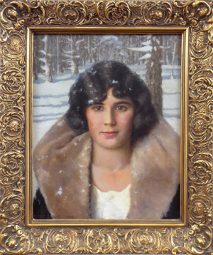 Rudolf Vojtěch Špillar (1878-1949) - Portrét dívky s kožešinovým límcem v zimním lese