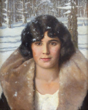 Rudolf Vojtěch Špillar (1878-1949) - Portrét dívky s kožešinovým límcem v zimním lese