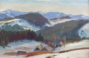 František Bílek (1. 10. 1907 - 1985) - Tání v kopcovité krajině s chalupami
