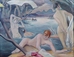 Josef Jaroš (11. 3. 1909 - ?) - oboustranně malovaný velký obraz: Koupání, Mladá rodina s dítětem