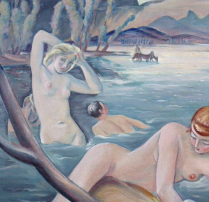 Josef Jaroš (11. 3. 1909 - ?) - oboustranně malovaný velký obraz: Koupání, Mladá rodina s dítětem