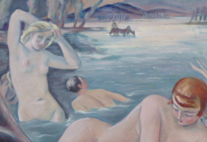 Josef Jaroš (11. 3. 1909 - ?) - oboustranně malovaný velký obraz: Koupání, Mladá rodina s dítětem