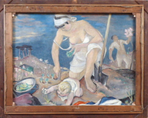 Josef Jaroš (11. 3. 1909 - ?) - oboustranně malovaný velký obraz: Koupání, Mladá rodina s dítětem