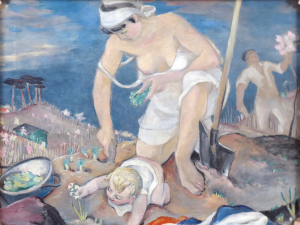 Josef Jaroš (11. 3. 1909 - ?) - oboustranně malovaný velký obraz: Koupání, Mladá rodina s dítětem