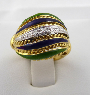Zlatý prsten koktejlový s barevnými emaily a diamanty - velikost prstenu 48-49