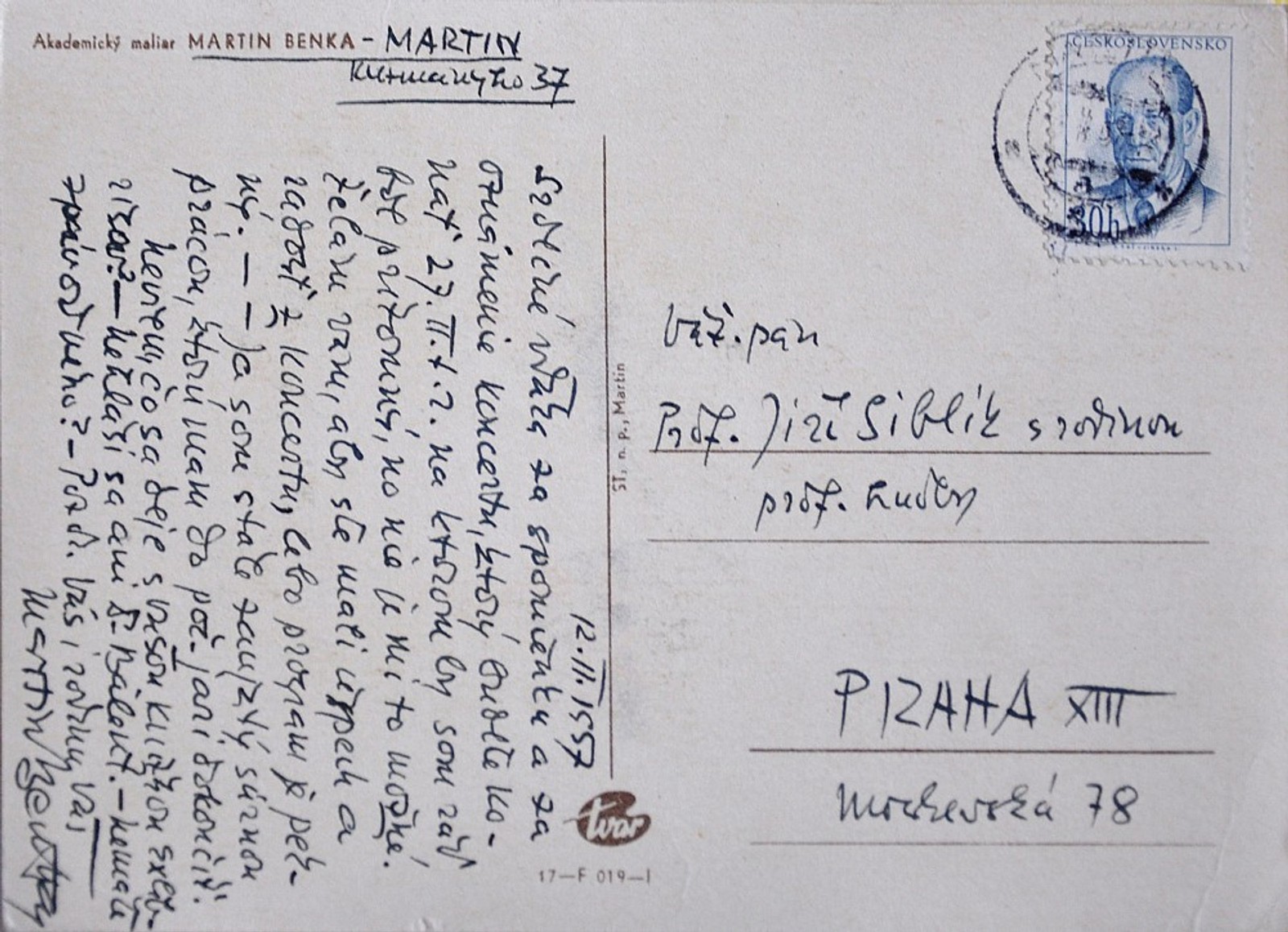 Martin Benka - Korespondence, pohlednice