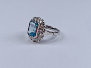 Prsten s diamanty a akvamarínem | Art deco