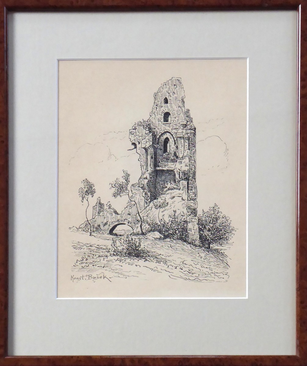KONSTANTIN BUŠEK (1861-1938) - ZŘÍCENINY HRADNÍHO PALÁCE DRAŽICE, PEROKRESBA