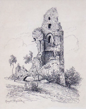KONSTANTIN BUŠEK (1861-1938) - ZŘÍCENINY HRADNÍHO PALÁCE DRAŽICE, PEROKRESBA