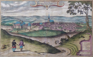 GEORG HUFNAGEL též JORIS HOEFNAGEL či HOFNAGEL ( 1542-1600) - POHLED NA MĚSTO POLNÁ, KOLOROVANÝ MĚDIRYT, 1617