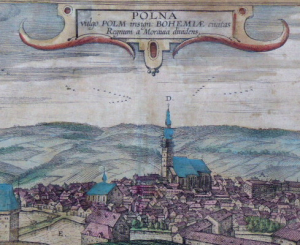 GEORG HUFNAGEL též JORIS HOEFNAGEL či HOFNAGEL ( 1542-1600) - POHLED NA MĚSTO POLNÁ, KOLOROVANÝ MĚDIRYT, 1617