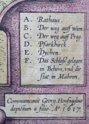 GEORG HUFNAGEL též JORIS HOEFNAGEL či HOFNAGEL ( 1542-1600) - POHLED NA MĚSTO POLNÁ, KOLOROVANÝ MĚDIRYT, 1617
