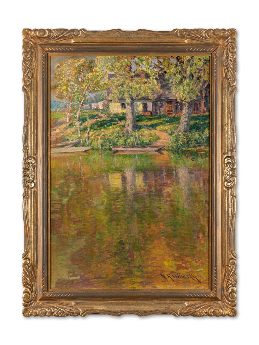 Václav Radimský (1867 - 1946), Pramice na vodě, (Rybářská chatrč)