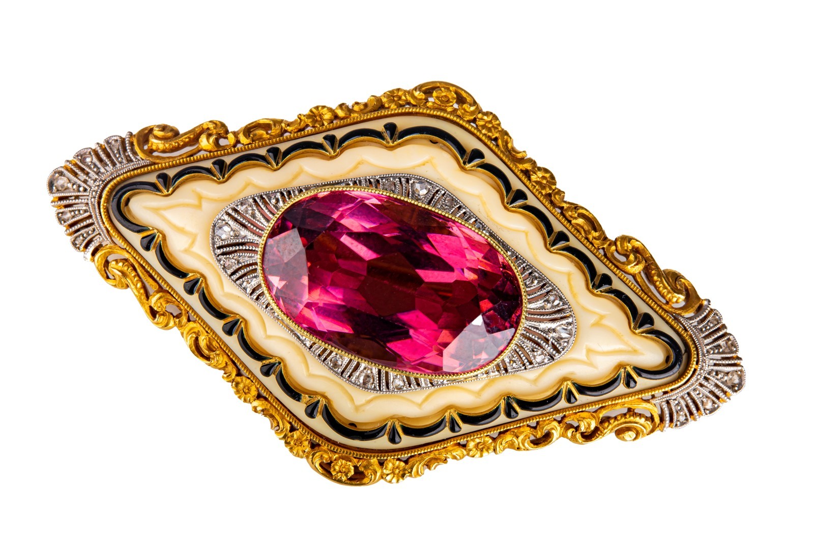 Luxusní zlatá brož s velkým turmalínem