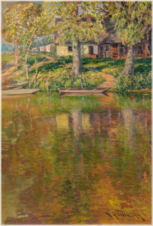 Václav Radimský (1867 - 1946), Pramice na vodě, (Rybářská chatrč)