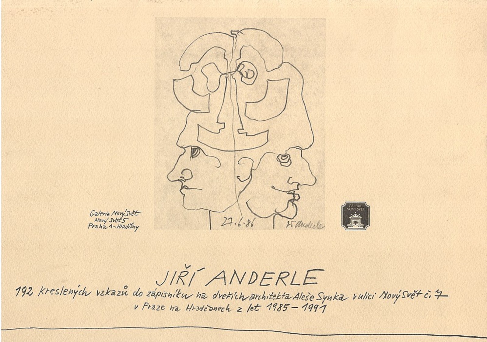 Jiří Anderle - 192 kreslených vzkazů do záplisníku na dveřích architekta Aleše Synka v ulici Nový Svět č. 7 v Praze na Hradčanech z let 1985-1991