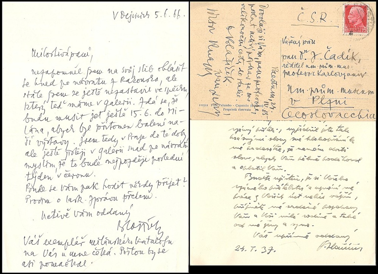 Oldřich J. Blažíček - Dopis, pohlednice, poděkování