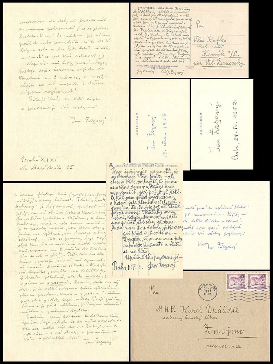 Jan Zrzavý - 2x dopis, 2x pohlednice, 2x podpis na kartičce a 1x vzkaz