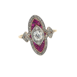 Prsten s diamanty a rubíny | Art Deco | Československo 1925