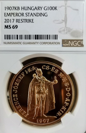 Rakousko Uhersko zlatá 100 Koruna FJI. 1907 KB stojící císař Restrike NGC MS69
