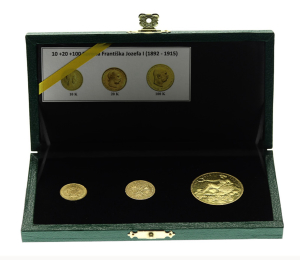 SET 3 výročních mincí roku 1908 Rakousko Uhersko zlatá 100 Koruna Panna, 20 koruna a 10 koruna Krásné žádané