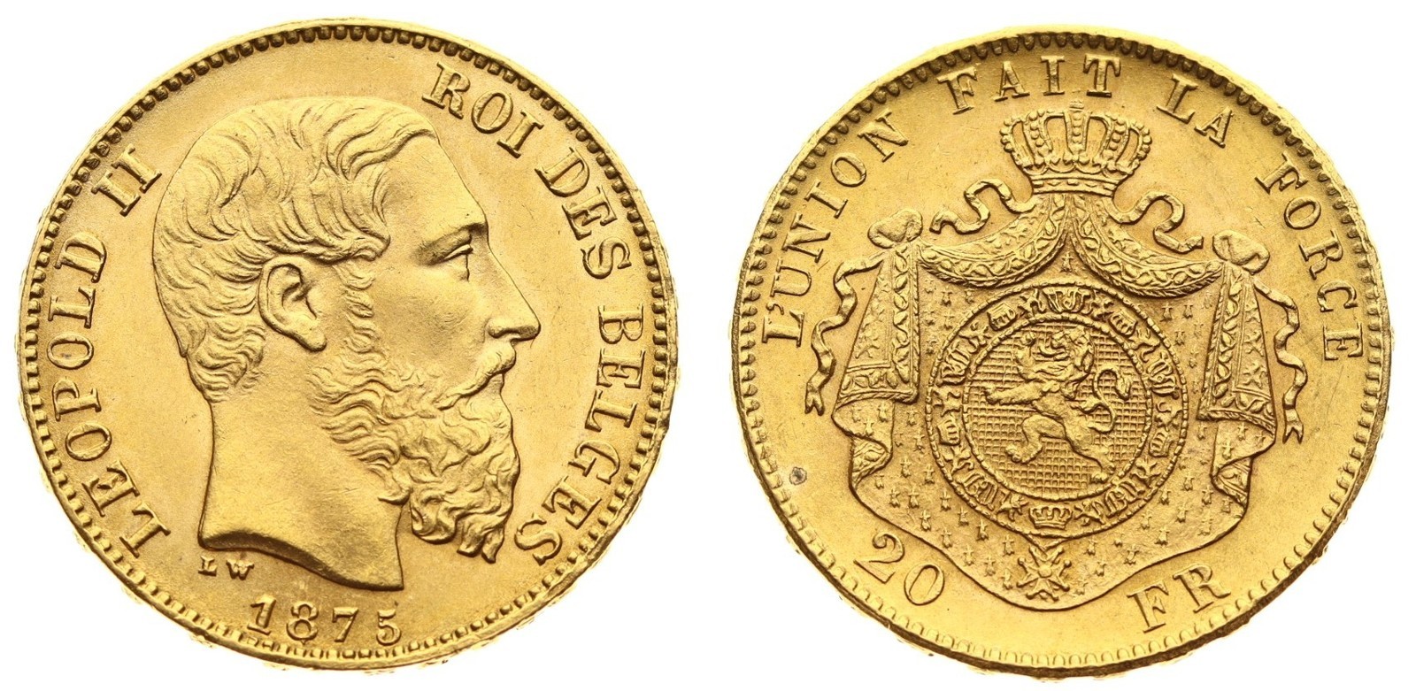 Belgie zlatý 20 frank Leopold II. 1875