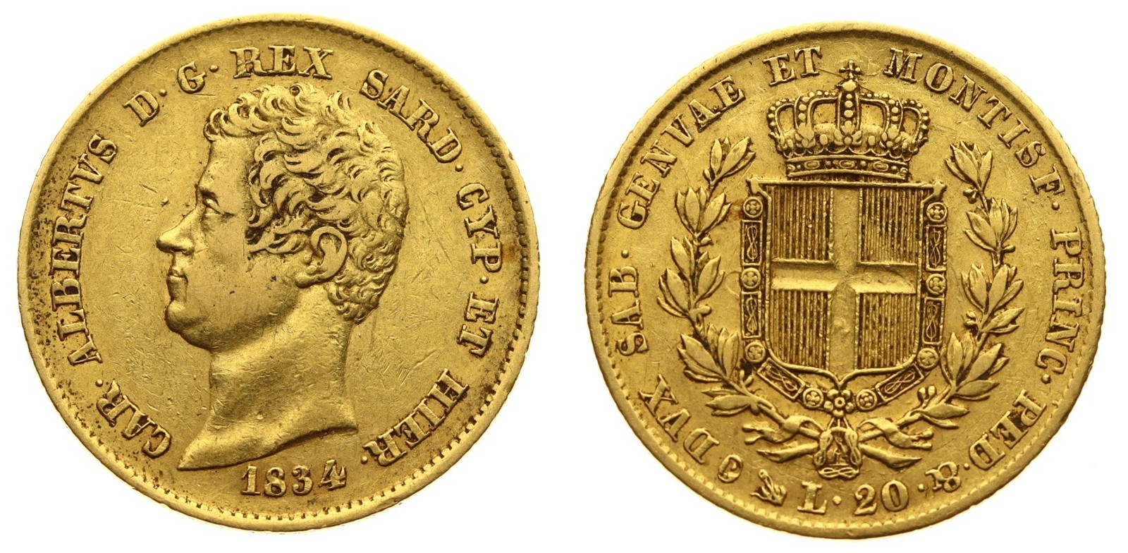 Zlatá 20 Lira Sardinia 1834 P král Karel Albert