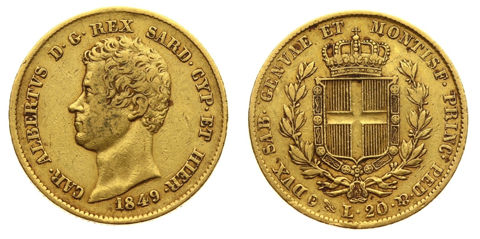 Zlatá 20 Lira Italie 1849 G král Karel Albert