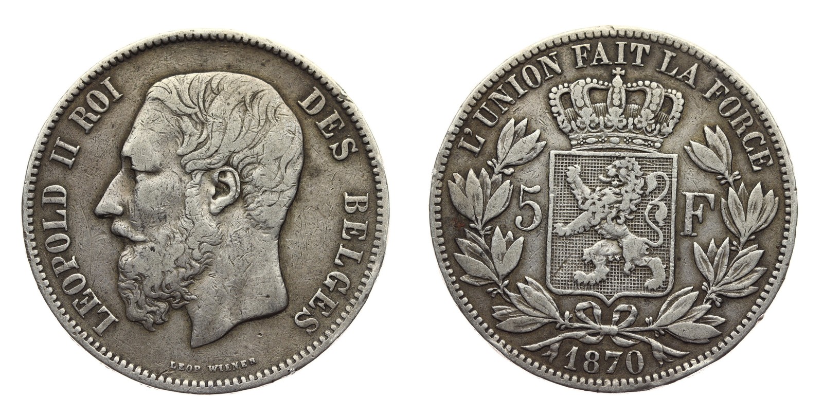 Belgie stříbrný 5 frank Leopold II. 1870