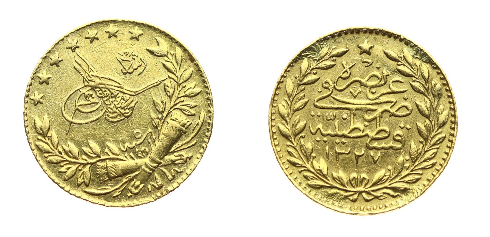 Zlatá mince Osmanská říše 1913 Mohammed V. 25 Kurus
