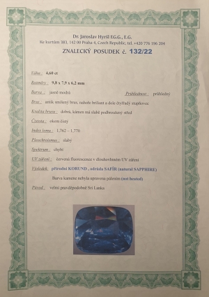 Unikátní modrý safír - cornflower blue 4,6 karátů