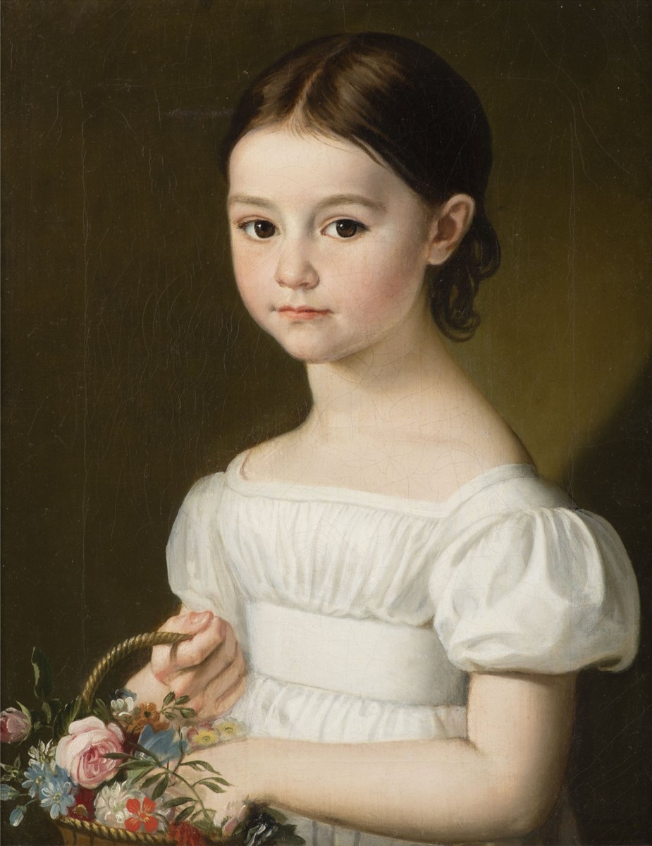 QUIDO MÁNES (ATTRIBUTED) 1828 - 1880 - PODOBIZNA DÍVKY S KOŠÍČKEM KVĚTIN