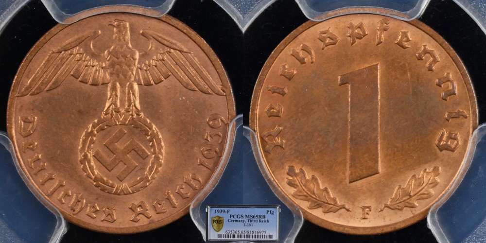 Third Reich 1 Pfennig 1939-F PCGS MS65RB