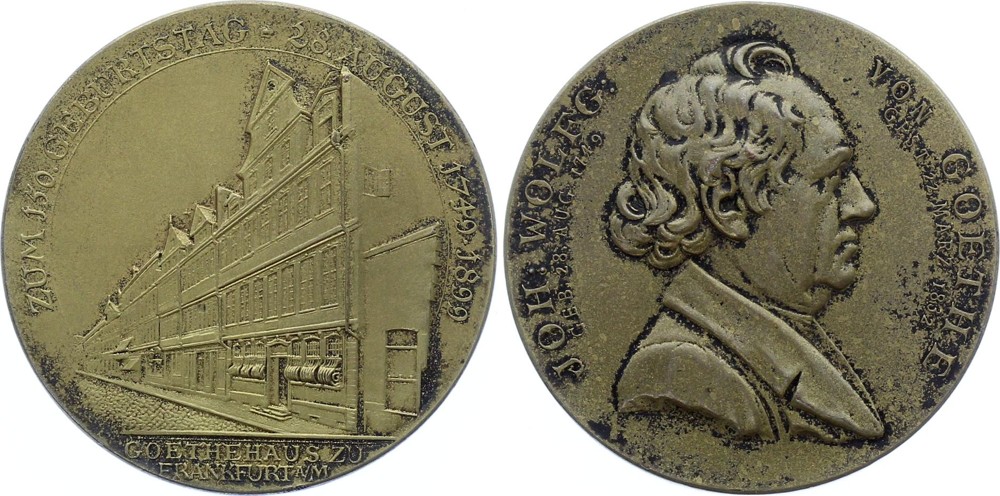 Germany Medal 1899 Goethe Bronze (1749-1832) Zum 150. Geburtstag Brustbild Nach Rechts / Goethehaus in Frankfurt