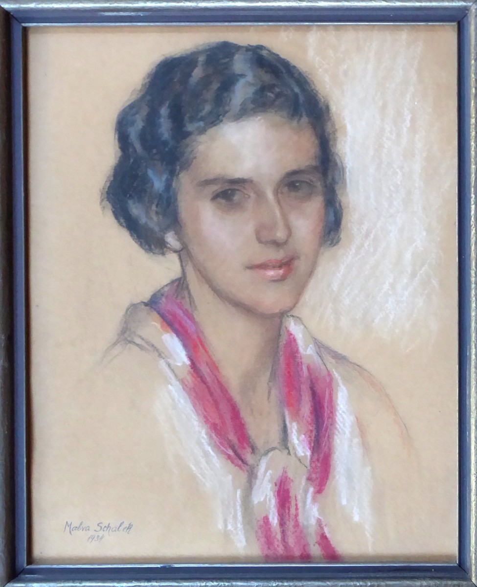 MALVA SCHALEK ( 1882 - 1944 ) - PORTRÉT DÍVKY S BAREVNÝM ŠÁTKEM ...