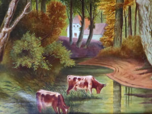 PODZIMNÍ ROMANTICKÁ KRAJINA SE STROMY, BÝČKY A STAVENÍM