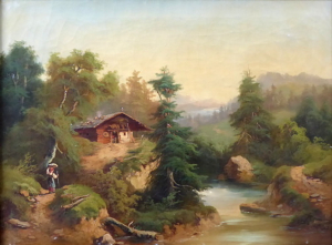 ROMANTICKÁ KRAJINA S ŽENOU S PRÁDLEM A HORSKÝM STAVENÍM