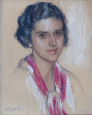MALVA SCHALEK ( 1882 - 1944 ) - PORTRÉT DÍVKY S BAREVNÝM ŠÁTKEM