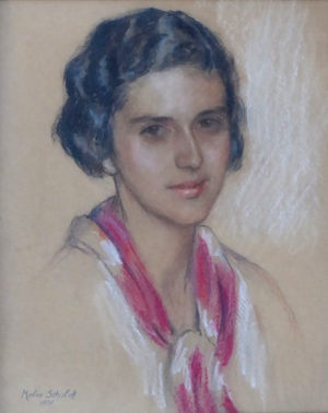 MALVA SCHALEK ( 1882 - 1944 ) - PORTRÉT DÍVKY S BAREVNÝM ŠÁTKEM