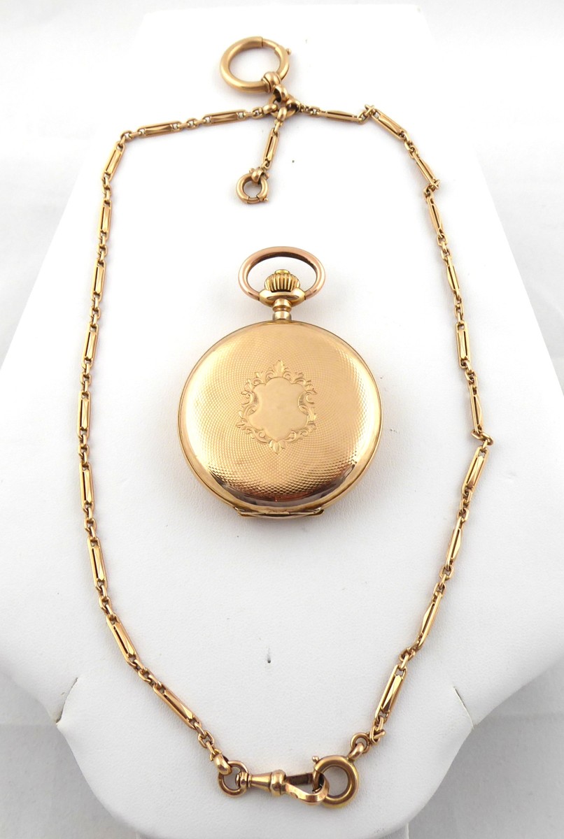 ZLATÉ KAPESNÍ HODINKY S ŘETÍZKEM - ANCRE LIGNE DROITE, REMONTOIR 15 RUBIS, SPIRAL BREGUET