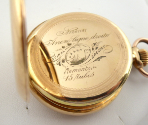 ZLATÉ KAPESNÍ HODINKY S ŘETÍZKEM - ANCRE LIGNE DROITE, REMONTOIR 15 RUBIS, SPIRAL BREGUET