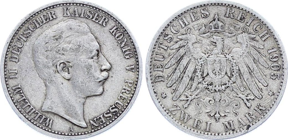 German Empire Prussia 2 Mark 1905 A KM# 522 Silver Wilhelm II