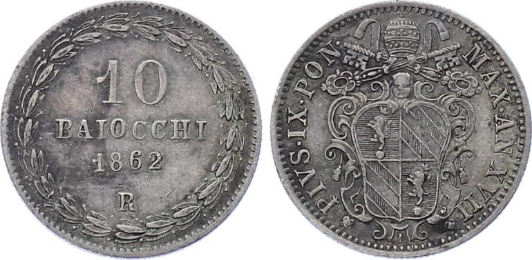 Italian States Papal State Vatican 10 Baiocchi 1862 R KM# 1342b Silver Pius IX