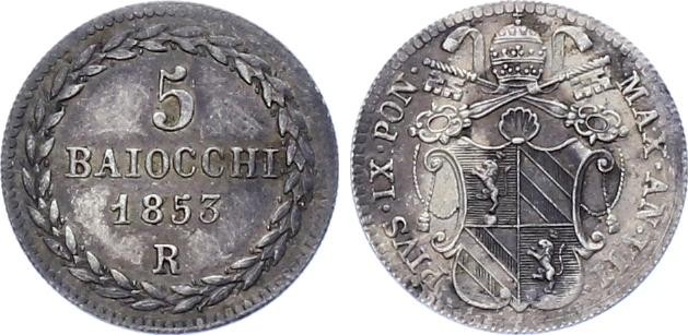 Italian States Papal State Vatican 5 Baiocchi 1853 R VII KM# 1341a Silver AUNC