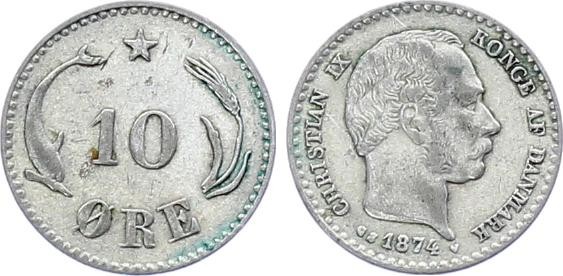 Denmark 10 Ore 1874 KM# 795 Silver XF